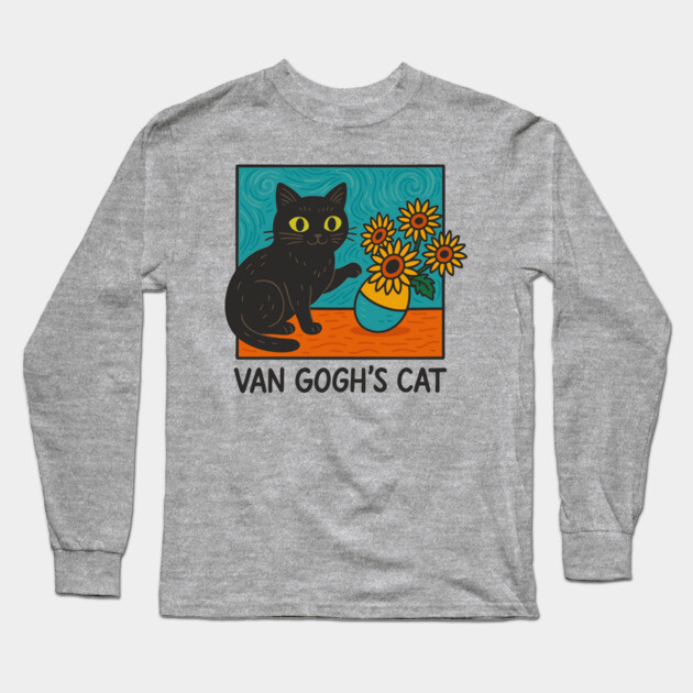 Van Gogh's Cat Sunflowers Painting Parody Artsy Humor Long Sleeve T-Shirt by Anticorporati