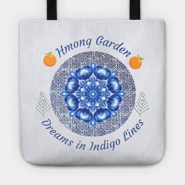 Hmong Garden Dreams in Indigo Lines Tote by Pimcolle