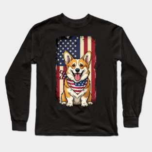 Patriotic Corgi - Best Gift Idea for Patriotic Corgi Lovers, Best for Christmas, Birthday, 4th of July, Memorial Day, Veterans Day, Vintage, Retro, Corgi Lover, Owner, Lover, Funny, Cute, Puppy, USA Flag, Navy, Army, Military, American, Long Sleeve T-Shirt