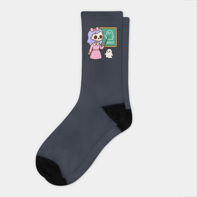 Pastel Skeleton Teacher Teaching Ghosts – Cute Kawaii Halloween Art Socks by DonWillisJrArt