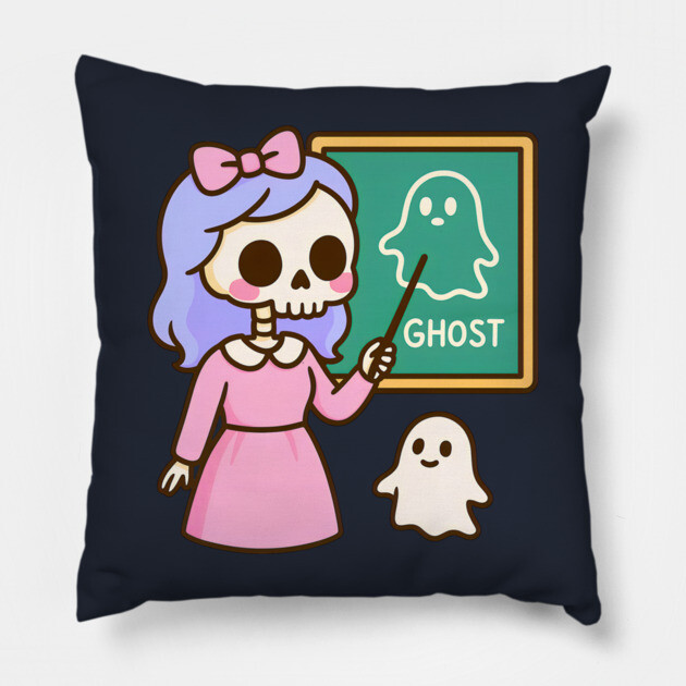 Pastel Skeleton Teacher Teaching Ghosts – Cute Kawaii Halloween Art Pillow by DonWillisJrArt