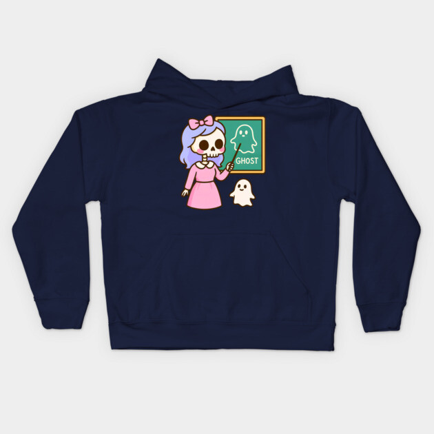 Pastel Skeleton Teacher Teaching Ghosts – Cute Kawaii Halloween Art Kids Hoodie by DonWillisJrArt