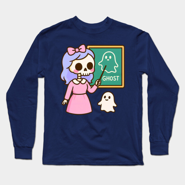 Pastel Skeleton Teacher Teaching Ghosts – Cute Kawaii Halloween Art Long Sleeve T-Shirt by DonWillisJrArt