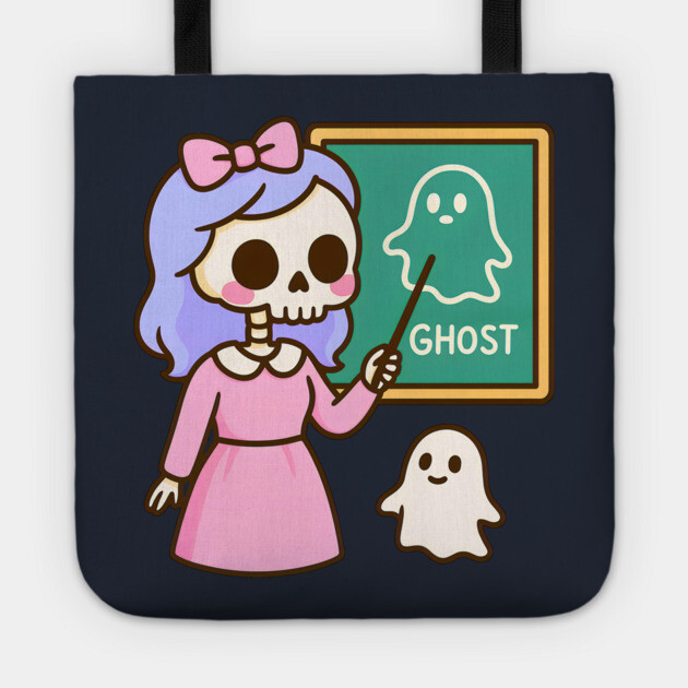 Pastel Skeleton Teacher Teaching Ghosts – Cute Kawaii Halloween Art Tote by DonWillisJrArt