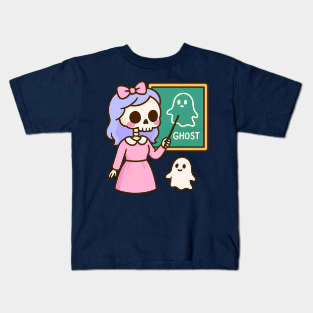 Pastel Skeleton Teacher Teaching Ghosts – Cute Kawaii Halloween Art Kids T-Shirt by DonWillisJrArt