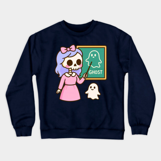 Pastel Skeleton Teacher Teaching Ghosts – Cute Kawaii Halloween Art Crewneck Sweatshirt by DonWillisJrArt