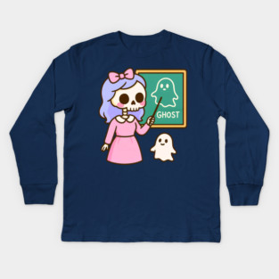 Pastel Skeleton Teacher Teaching Ghosts – Cute Kawaii Halloween Art Kids Long Sleeve T-Shirt