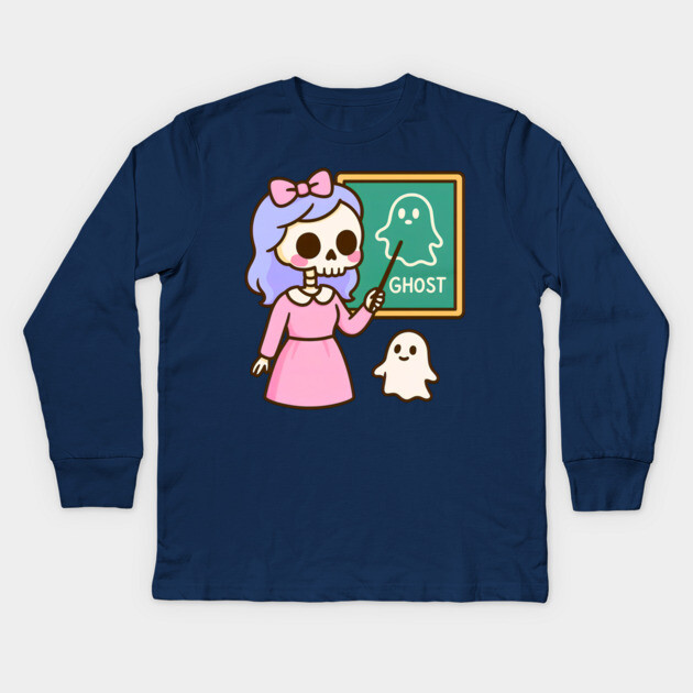 Pastel Skeleton Teacher Teaching Ghosts – Cute Kawaii Halloween Art Kids Long Sleeve T-Shirt by DonWillisJrArt