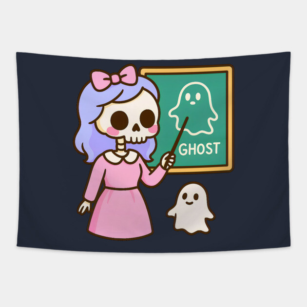 Pastel Skeleton Teacher Teaching Ghosts – Cute Kawaii Halloween Art Tapestry by DonWillisJrArt