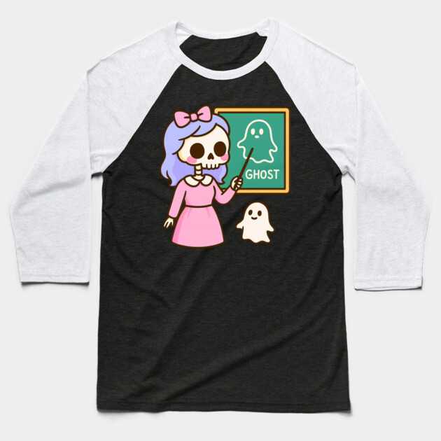 Pastel Skeleton Teacher Teaching Ghosts – Cute Kawaii Halloween Art Baseball T-Shirt by DonWillisJrArt