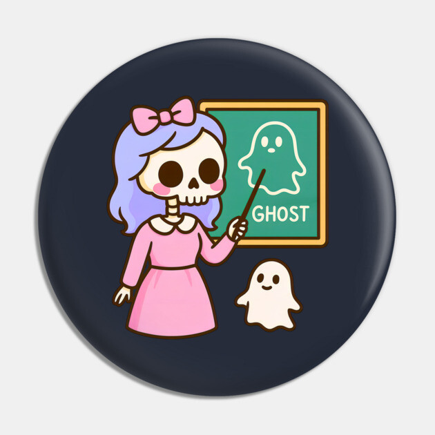 Pastel Skeleton Teacher Teaching Ghosts – Cute Kawaii Halloween Art Pin by DonWillisJrArt