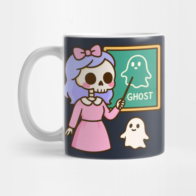 Pastel Skeleton Teacher Teaching Ghosts – Cute Kawaii Halloween Art by DonWillisJrArt