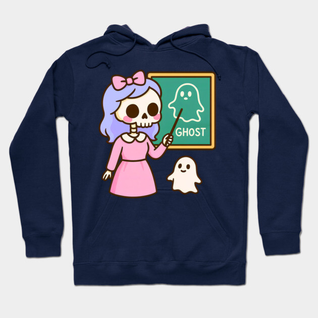 Pastel Skeleton Teacher Teaching Ghosts – Cute Kawaii Halloween Art Hoodie by DonWillisJrArt