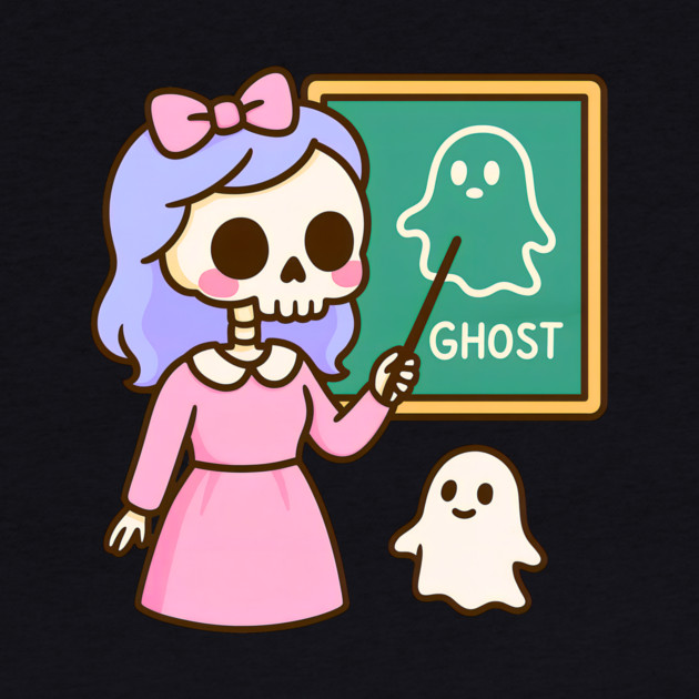 Pastel Skeleton Teacher Teaching Ghosts – Cute Kawaii Halloween Art by DonWillisJrArt