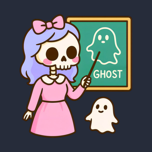 Pastel Skeleton Teacher Teaching Ghosts – Cute Kawaii Halloween Art by DonWillisJrArt