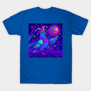 Vaporwave Dancing Jester Pigeon – Retro Neon Disco Bird T-Shirt
