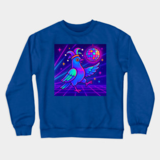 Vaporwave Dancing Jester Pigeon – Retro Neon Disco Bird Crewneck Sweatshirt