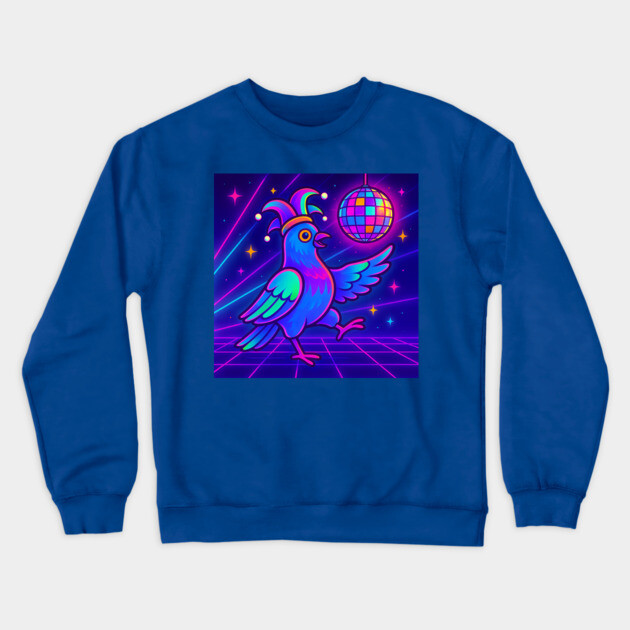 Vaporwave Dancing Jester Pigeon – Retro Neon Disco Bird Crewneck Sweatshirt by DonWillisJrArt