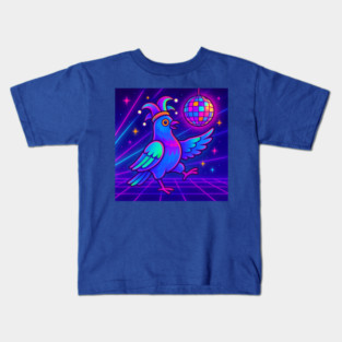Vaporwave Dancing Jester Pigeon – Retro Neon Disco Bird Kids T-Shirt