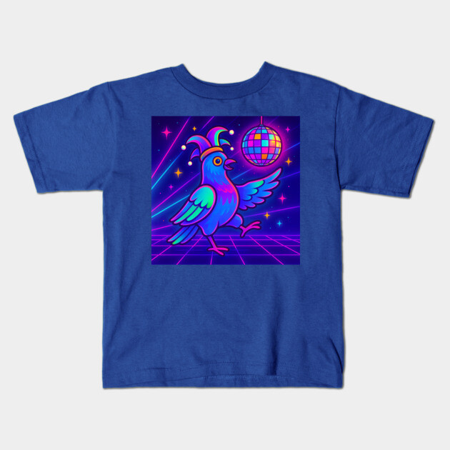 Vaporwave Dancing Jester Pigeon – Retro Neon Disco Bird Kids T-Shirt by DonWillisJrArt