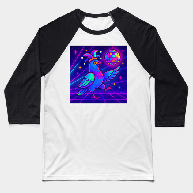 Vaporwave Dancing Jester Pigeon – Retro Neon Disco Bird Baseball T-Shirt by DonWillisJrArt