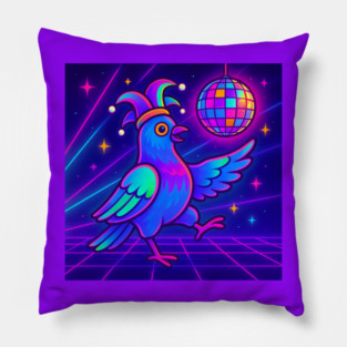 Vaporwave Dancing Jester Pigeon – Retro Neon Disco Bird Pillow