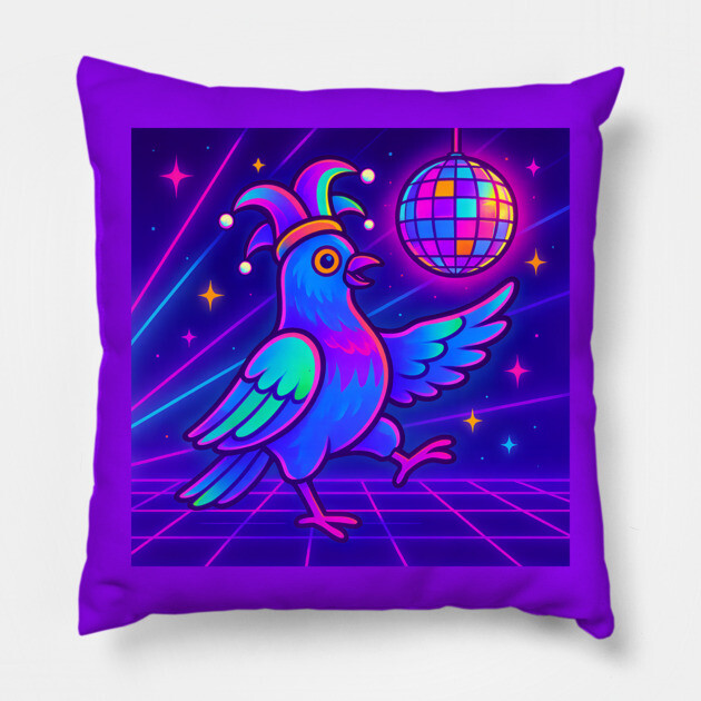 Vaporwave Dancing Jester Pigeon – Retro Neon Disco Bird Pillow by DonWillisJrArt
