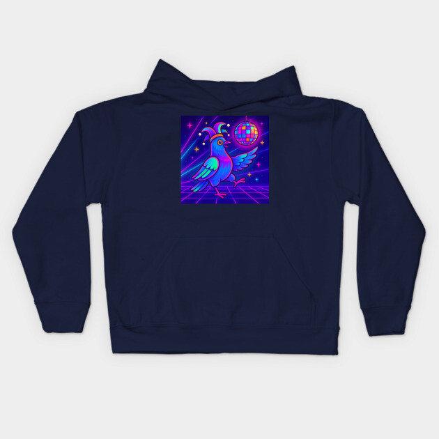 Vaporwave Dancing Jester Pigeon – Retro Neon Disco Bird Kids Hoodie by DonWillisJrArt