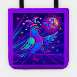 Vaporwave Dancing Jester Pigeon – Retro Neon Disco Bird Tote