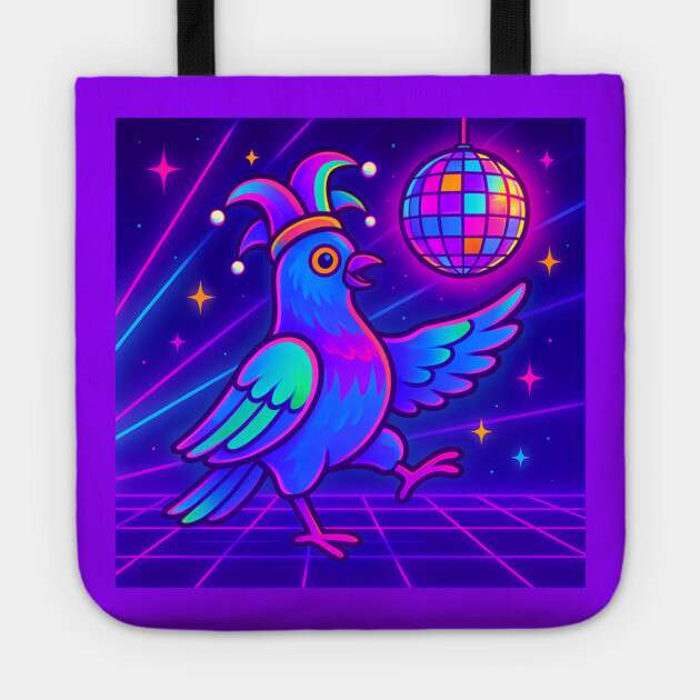 Vaporwave Dancing Jester Pigeon – Retro Neon Disco Bird Tote by DonWillisJrArt