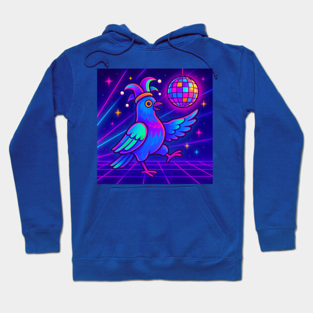 Vaporwave Dancing Jester Pigeon – Retro Neon Disco Bird Hoodie by DonWillisJrArt