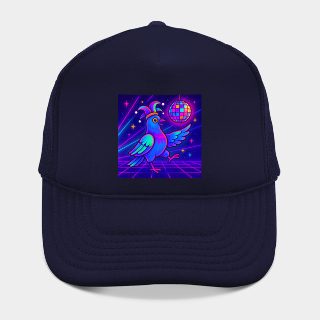 Vaporwave Dancing Jester Pigeon – Retro Neon Disco Bird by DonWillisJrArt