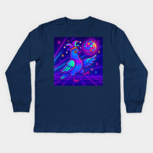 Vaporwave Dancing Jester Pigeon – Retro Neon Disco Bird Kids Long Sleeve T-Shirt