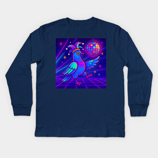 Vaporwave Dancing Jester Pigeon – Retro Neon Disco Bird Kids Long Sleeve T-Shirt by DonWillisJrArt
