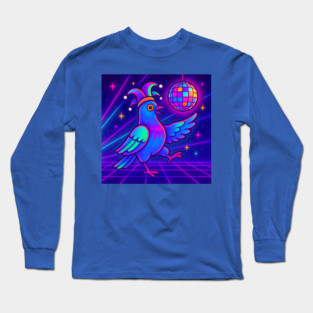Vaporwave Dancing Jester Pigeon – Retro Neon Disco Bird Long Sleeve T-Shirt