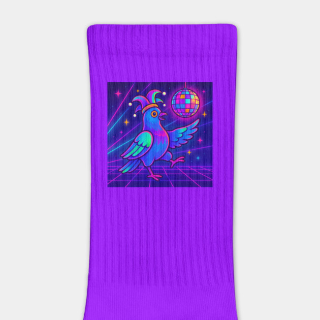 Vaporwave Dancing Jester Pigeon – Retro Neon Disco Bird by DonWillisJrArt