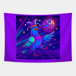 Vaporwave Dancing Jester Pigeon – Retro Neon Disco Bird Tapestry