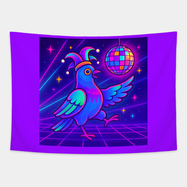 Vaporwave Dancing Jester Pigeon – Retro Neon Disco Bird Tapestry by DonWillisJrArt