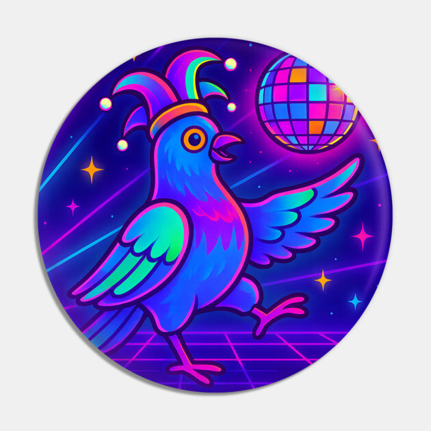 Vaporwave Dancing Jester Pigeon – Retro Neon Disco Bird Pin by DonWillisJrArt