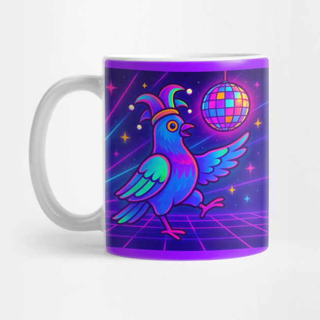 Vaporwave Dancing Jester Pigeon – Retro Neon Disco Bird by DonWillisJrArt