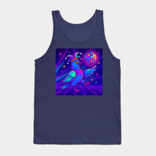 Vaporwave Dancing Jester Pigeon – Retro Neon Disco Bird Tank Top