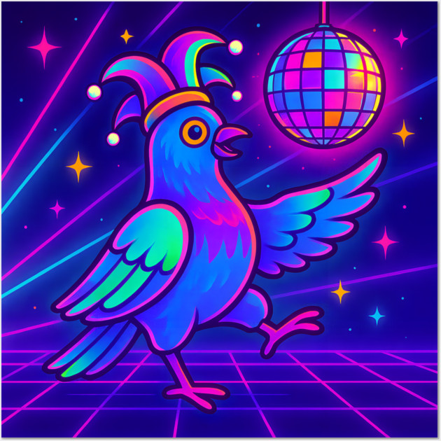 Vaporwave Dancing Jester Pigeon – Retro Neon Disco Bird Wall Art by DonWillisJrArt