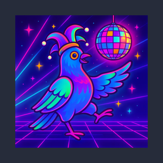 Vaporwave Dancing Jester Pigeon – Retro Neon Disco Bird by DonWillisJrArt