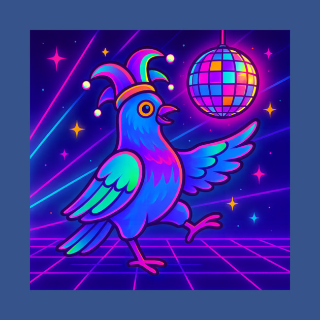 Vaporwave Dancing Jester Pigeon – Retro Neon Disco Bird by DonWillisJrArt