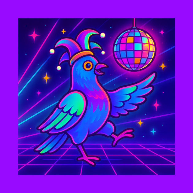 Vaporwave Dancing Jester Pigeon – Retro Neon Disco Bird by DonWillisJrArt