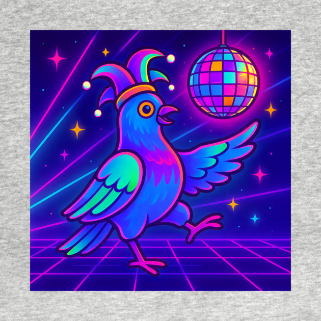 Vaporwave Dancing Jester Pigeon – Retro Neon Disco Bird by DonWillisJrArt