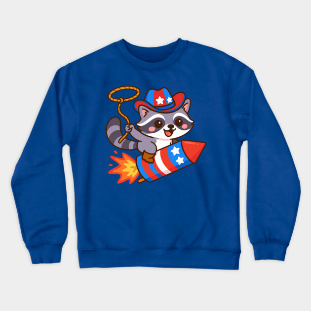Cute Cowboy Raccoon Riding Firework – 4th of July Rocket Rodeo Animal Crewneck Sweatshirt by DonWillisJrArt