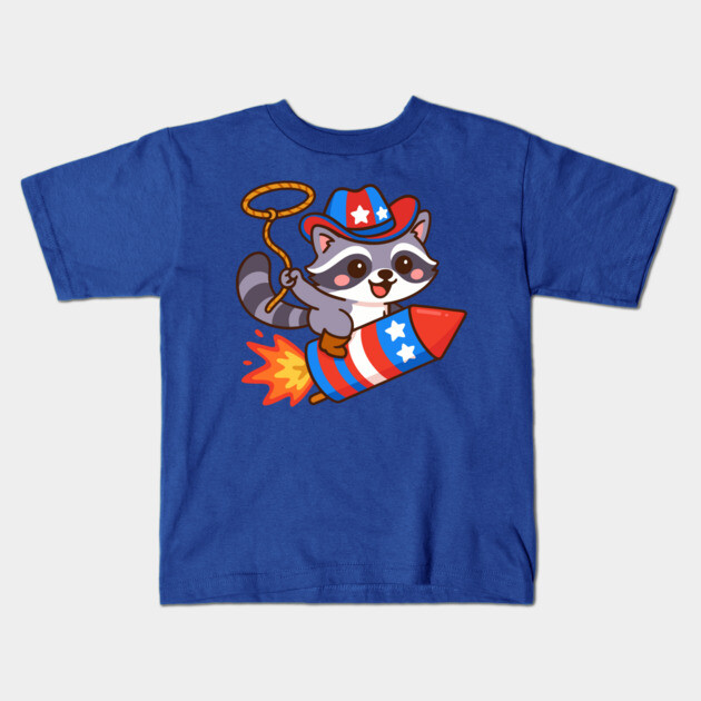 Cute Cowboy Raccoon Riding Firework – 4th of July Rocket Rodeo Animal Kids T-Shirt by DonWillisJrArt