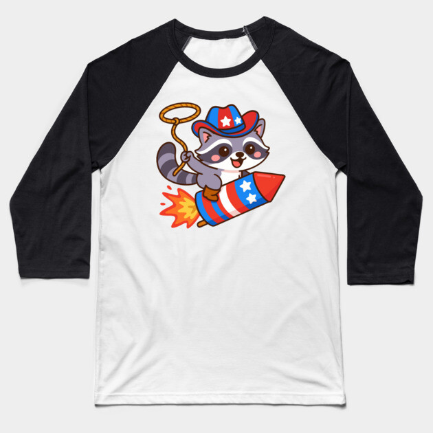 Cute Cowboy Raccoon Riding Firework – 4th of July Rocket Rodeo Animal Baseball T-Shirt by DonWillisJrArt