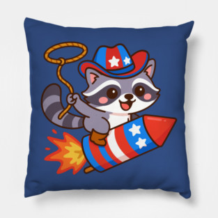 Cute Cowboy Raccoon Riding Firework – 4th of July Rocket Rodeo Animal Pillow